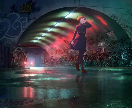 2K Quad HD PC desktop wallpaper: Nobara Kugisaki (Jujutsu Kaisen) walks through a neon-lit bike tunnel, rain-slick reflections and moody red-green lighting.