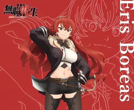 Anime 2K Quad HD wallpaper of Eris Boreas Greyrat from Mushoku Tensei: Jobless Reincarnation — red-haired swordswoman in black jacket and shorts, confident pose against a stylized red backdrop.
