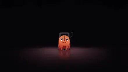 Pochita from Chainsaw Man — small orange chainsaw-dog with wide eyes, centered on a glossy floor under a spotlight; minimalist anime 4K Ultra HD PC desktop wallpaper