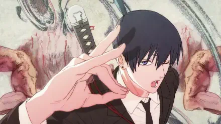 Anime Chainsaw Man — Aki Hayakawa in a suit with katana, making a hand gesture against a swirling, blood-streaked backdrop. 4K Ultra HD PC desktop wallpaper/background.