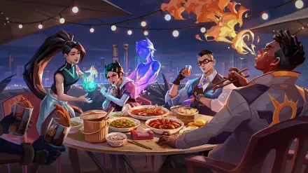 Valorant 4K Ultra HD PC desktop wallpaper and background: Phoenix, Sage, Clove and Chamber share a lively rooftop feast under string lights, flames and glowing magic.