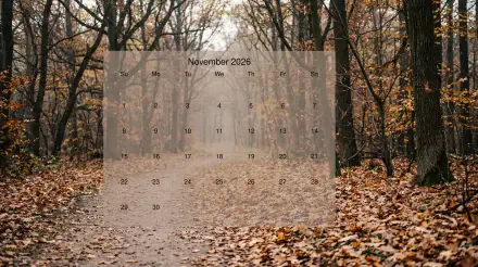 Autumn forest path with fallen leaves and tall trees, translucent centered November 2026 calendar overlay; 5K Ultra HD PC desktop wallpaper and background.