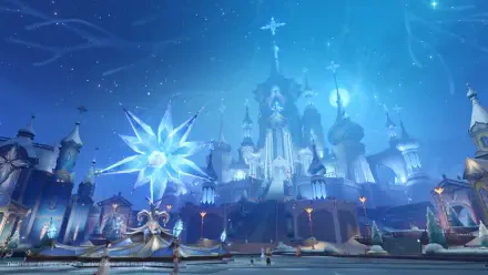 Genshin Impact Luna VIII video game HD PC desktop background: moonlit crystalline palace and frozen plaza beneath a glowing ice star in a blue night sky.