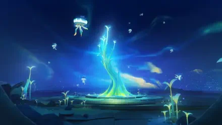 4K Ultra HD PC desktop wallpaper of the video game Genshin Impact (Luna VIII): a glowing cyan tree rising from a luminous pool beneath a starry blue sky with floating jellyfish-like lights.