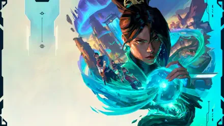 4K Ultra HD Valorant wallpaper featuring Sage, Iso, Reyna and Miks in a dynamic blue-green energy swirl, characters poised for battle on a stylized PC desktop background.