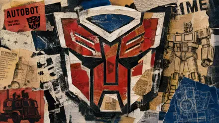 Graffiti-style Autobot emblem in red, white and blue layered over vintage blueprints and newsprint — 4K Ultra HD PC desktop wallpaper and background.