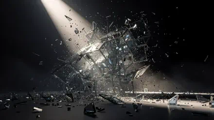 4K Ultra HD PC desktop wallpaper and background of a shattered glass cube exploding into shards under a single spotlight — falling apart, fragments scattering across a dark floor.