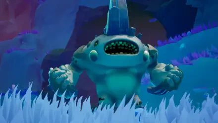 HD PC desktop wallpaper: glowing blue alien brute charging through bioluminescent grasses — video game Starseeker: Astroneer Expeditions background
