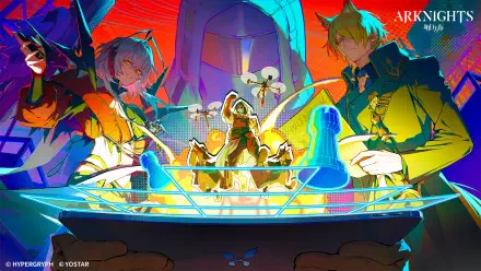 HD PC desktop wallpaper and background of the video game Arknights: stylized operators gathered around a glowing holographic map, vivid neon colors and dynamic composition.
