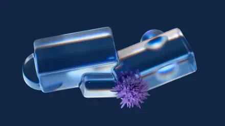Microsoft Opaline 4K Ultra HD PC desktop wallpaper: translucent opaline glass blocks with iridescent blue reflections and a small purple spiky flower on a deep navy background.