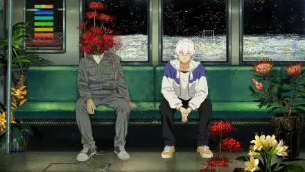 Anime HD PC desktop wallpaper background — Fool Night: a white-haired teen and a red-spider-lily-headed companion sit on a night subway bench, moonlit waterfront visible through the windows.