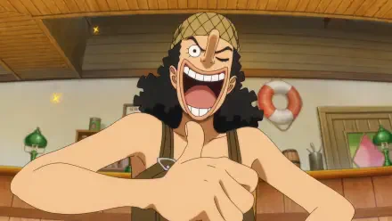 HD PC desktop wallpaper: Anime Usopp (One Piece / The One Piece) grinning broadly and giving a thumbs-up inside a cozy ship cabin, bright colors and a life preserver in the background.