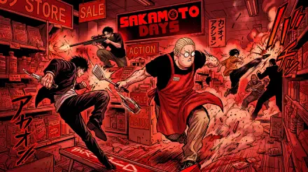 High-contrast red 5K Ultra HD PC desktop wallpaper of Sakamoto Days: apron-clad Sakamoto sprinting through a chaotic neon store brawl as masked assailants leap and debris flies.