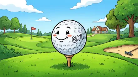 Cartoon smiling golf ball on a tee before a sunny golf course with clubhouse, flag and sand trap — 5K Ultra HD PC desktop wallpaper and background.