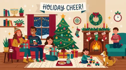 Festive living room scene with family, decorated Christmas tree, stockings by a fireplace, menorah and wreath; playful dog. 5K Ultra HD PC desktop wallpaper background conveying holiday cheer.