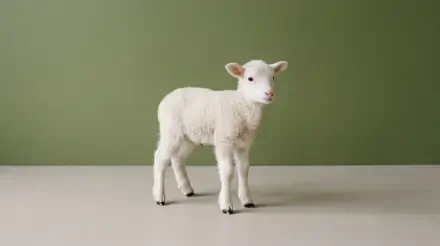 5K Ultra HD PC desktop wallpaper: a white lamb standing on a pale floor against an olive-green background.