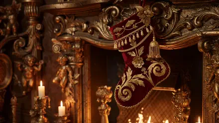 Ornate red velvet Christmas stocking with gold embroidery hangs from a carved gilt mantel above a glowing fire and candles — 4K Ultra HD PC desktop wallpaper and background.