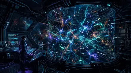 5K Ultra HD PC desktop wallpaper and background: a starship bridge viewing a luminous, multicolored quantum field — a web of glowing energy and particle streams across a panoramic viewport.