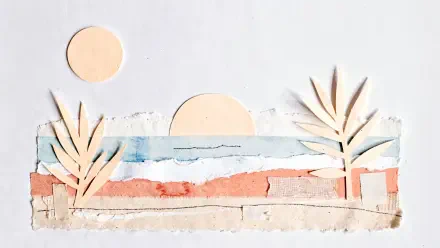 Minimalist summer collage: textured paper beach, pastel sun, ocean horizon and stylized palms — 4K Ultra HD PC desktop wallpaper and background.