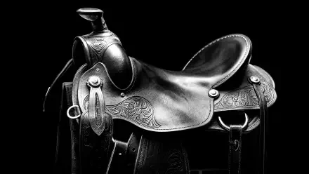 Ornately tooled leather Western saddle on a black background; high-contrast black-and-white 4K Ultra HD PC desktop wallpaper and background.