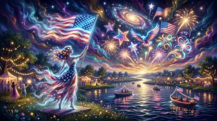 4th Of July 5K Ultra HD PC desktop wallpaper and background: vivid, cosmic fireworks over a river with American flags, boats and celebrants beneath a swirling, starry sky.