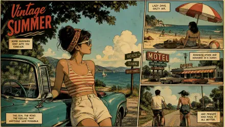 Vintage summer comic-style 4K Ultra HD PC desktop wallpaper: woman in striped top leans on classic car by a coastal road; inset panels show motel, beach scenes and a couple biking.