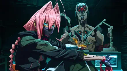 Cyberpunk: Edgerunners 2 — pink‑haired, chrome‑augmented anime girl in a mask and braid at a neon-lit cyberpunk workstation, 5K Ultra HD PC desktop background.
