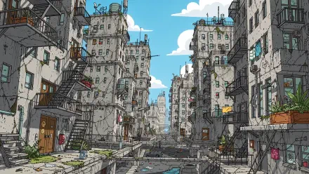 4K Ultra HD PC desktop wallpaper: stylized concrete jungle of a narrow street flanked by weathered high-rises, fire escapes and rooftop antennas beneath a bright blue sky.