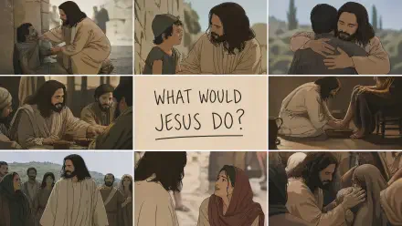 4K Ultra HD PC desktop wallpaper background collage What Would Jesus Do showing Jesus compassionately teaching, healing, embracing and praying with people.
