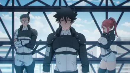 HD anime desktop wallpaper from Black Torch: Jirou Azuma center, Reiji Kirihara left and Ichika Kishimojin right, posing against an industrial steel-and-sky background.