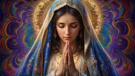 Praying Virgin Mary with jeweled blue veil and golden halo, hands clasped before a vivid, psychedelic swirl backdrop — 4K Ultra HD PC desktop wallpaper and background.