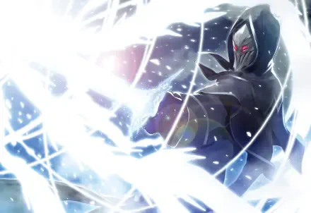2K Quad HD anime wallpaper of Arnold Lakes Adler (The Insipid Prince's Furtive Grab for the Throne): hooded, red-eyed figure summoning swirling white-blue energy.