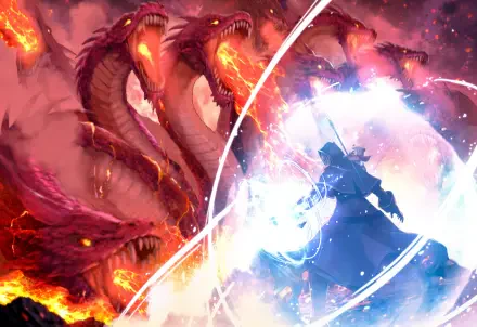 Anime 4K Ultra HD PC desktop wallpaper and background: Arnold Lakes Adler from The Insipid Prince's Furtive Grab for the Throne raises a glowing sword-shield against a three-headed fiery dragon.