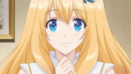 HD PC wallpaper: Fiine von Clinert from The Insipid Prince's Furtive Grab for the Throne — blonde, blue‑eyed anime girl smiling with hands clasped at her chest.