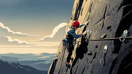 4K Ultra HD PC desktop wallpaper: climber in red helmet scaling a steep, gear-lined rock face at sunset with layered mountain ranges and cloudy sky in the distance.