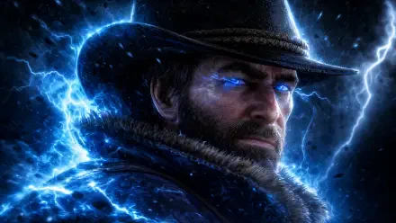Arthur Morgan close-up with glowing blue eyes and crackling lightning, 4K Ultra HD PC desktop wallpaper and background.