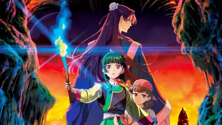 HD PC desktop wallpaper of the anime The Apothecary Diaries the Movie: The Late Consort’s Secret Treasure — three characters, a green‑haired heroine holding a blue-flame torch before a fiery cavern backdrop.
