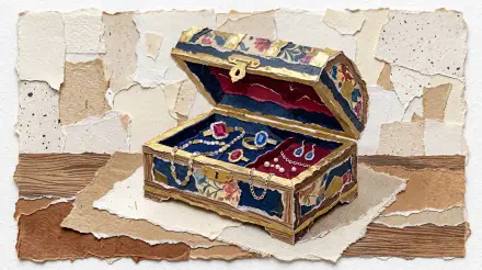 5K Ultra HD PC desktop wallpaper and background: ornate floral jewelry box open on a wooden table, displaying rings, earrings and a string of pearls.
