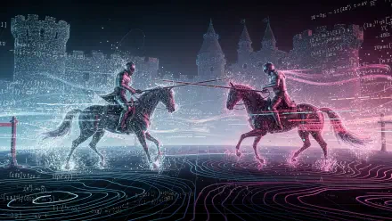 4K Ultra HD PC desktop wallpaper of futuristic jousting: neon wireframe knights on horseback clash lances before a holographic castle, glowing grid and circuit-like landscape.