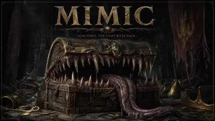 4K Ultra HD PC desktop wallpaper depicting a fantasy mimic: a treasure chest with a gaping, tooth-filled maw and long tongue lurking among scattered gold in a dark dungeon.