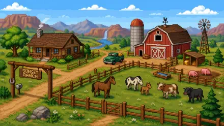 4K Ultra HD PC desktop wallpaper and background: vibrant ranch with red barn and silo, farmhouse, windmill, truck, fenced pasture of horses, cows and pigs with distant mountains.