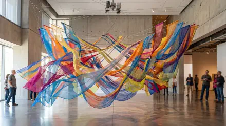 Vibrant suspended fabric sculpture of multicolored translucent ribbons floating in a gallery; 5K Ultra HD PC desktop wallpaper and background.