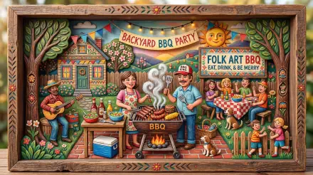 5K Ultra HD PC desktop wallpaper and background: colorful folk-art backyard BBQ scene—family grilling at a central smoker, musicians, picnic table, bunting, dogs and detailed garden decor.