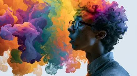 Profile of a person with glasses exhaling vivid, swirling rainbow clouds; vibrant colors and abstract plumes — 2K Quad HD PC desktop wallpaper and background.