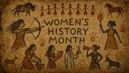 4K Ultra HD PC desktop wallpaper/background celebrating Women's History Month: stylized mural of women across eras—archer, reader, scientist, healer, torchbearer on textured parchment.