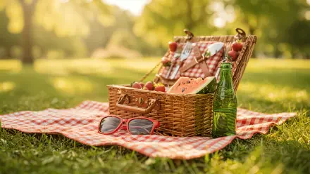 4K Ultra HD PC Desktop Wallpaper and Background — sunlit picnic scene: wicker basket, red-check blanket, sunglasses, green bottle and fruit on grass.