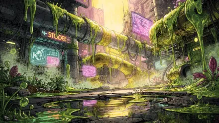 4K Ultra HD PC desktop wallpaper: neon-lit, overgrown cyberpunk alley with mossy pipes, bioluminescent plants, wet reflective puddles and glowing signs under a hazy golden sky.