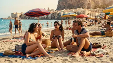 Vintage summer 5K Ultra HD PC desktop wallpaper: four friends lounging on a sunny Mediterranean beach with colorful umbrellas, towels and a cliffside town behind them.