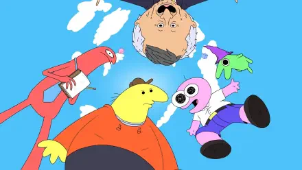 Smiling Friends characters peer down against a bright blue sky — colorful cartoon figures in a playful circle. 4K Ultra HD PC desktop wallpaper and background.