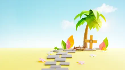 Palm Sunday 5K Ultra HD PC desktop wallpaper background: stylized bright sandy scene with a palm tree, wooden cross, colorful palm fronds, scattered flowers and a stepping-stone path.